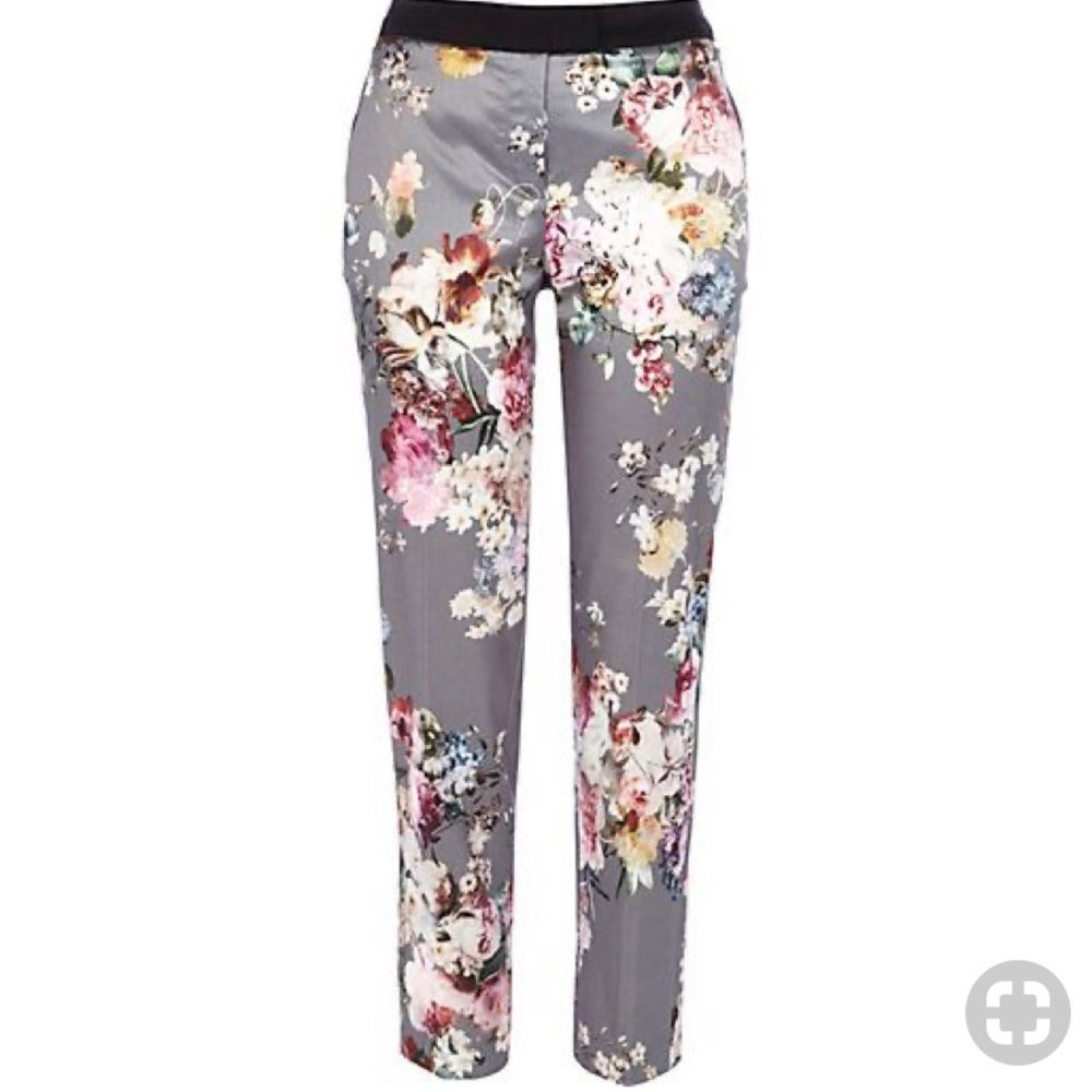 River Island Satin Floral Skinny Pants Gray Pink Ankle Trousers Romantic 8 Silky